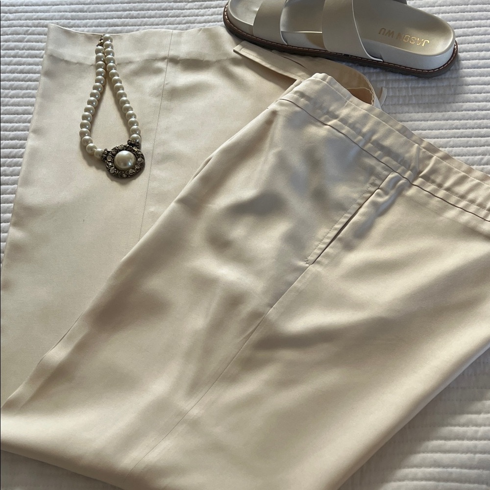 Oscar de la Renta Vintage 💯 Silk Cream Palazzo Pants Wide Leg Tie Waist Pockets